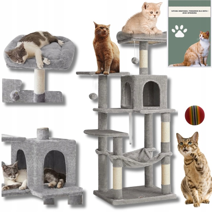 Macskakaparó, 143 cm magas, világosszürke, függőággyal és pompon játékkal, 4 az 1-ben szett