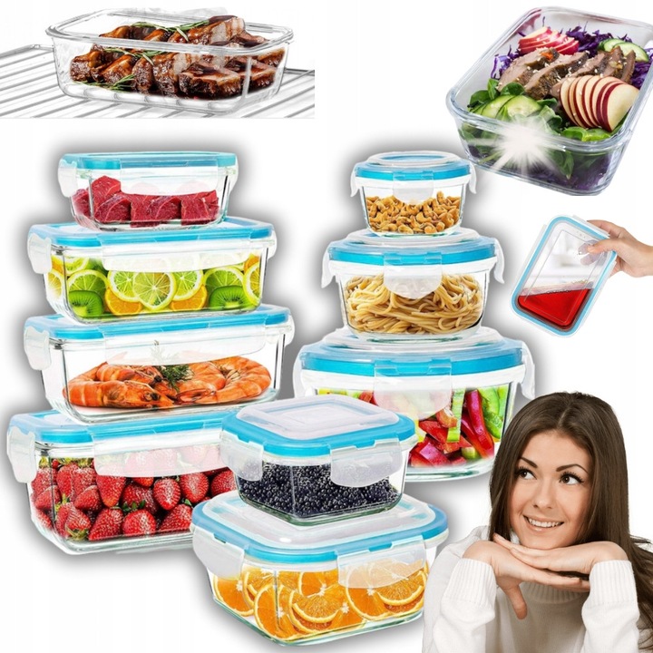 Set 9 cutii alimentare din sticla borosilicata, Kichly, rezistente, fara BPA, hermetice