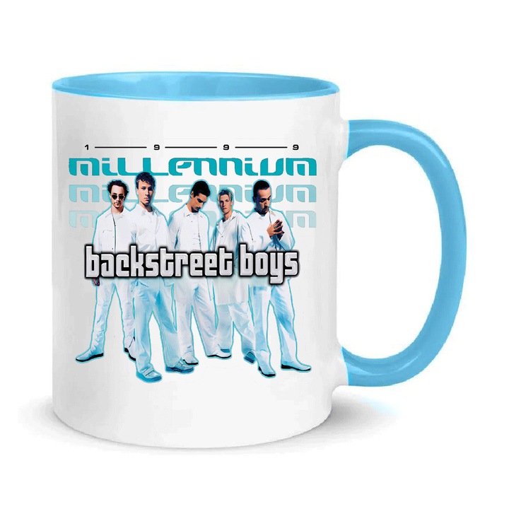 Cana ceramica Backstreet Boys 330ml, alb cu accente albastre, rezistenta la masina de spalat vase