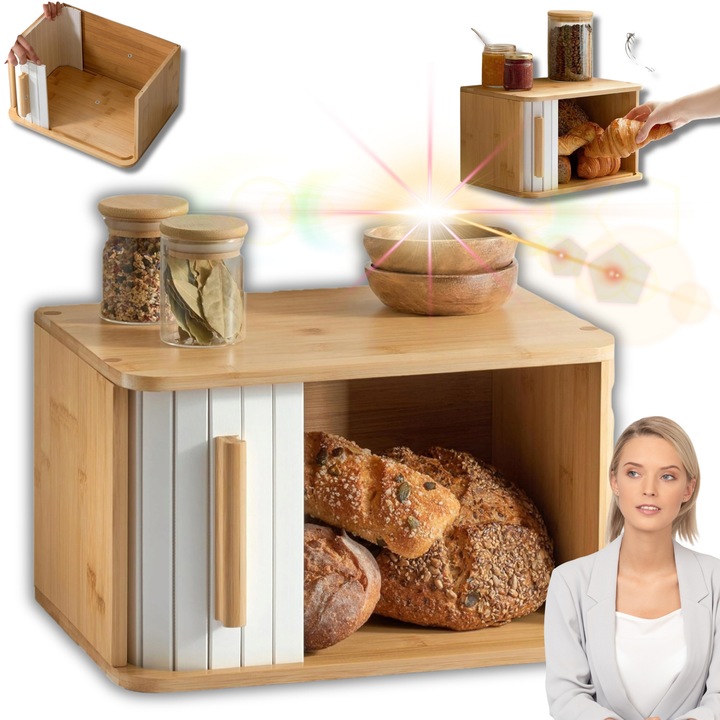 Cutie alimentara din bambus, organizator pentru paine, capacitate 15L, dimensiuni 33x23x20cm, natural/baiat