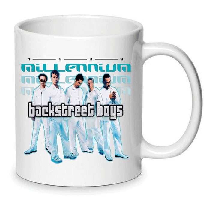 Cana ceramica Backstreet Boys 330ml, alba, rezistenta la masina de spalat, set pentru fani