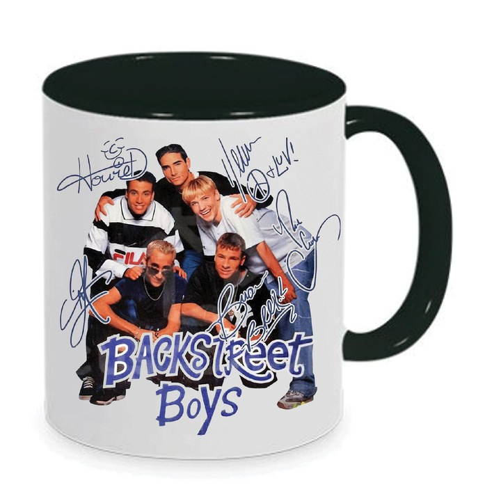 Cana ceramica Backstreet Boys 330ml, alb cu negru, rezistenta la masina de spalat, set cadou pentru fani