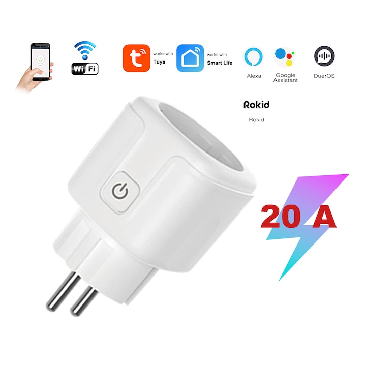 Priză inteligentă Tuya Smart, wireless, 20A, 4800W, monitorizare consum energie, compatibilă Alexa și Google Assistant