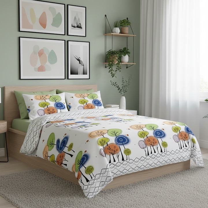 Lenjerie de pat bumbac, 4 piese, TextiLici, cearceaf de pat 230 x 250 cm, 2 fete de perna 50 x 70 cm, rezistenta si liniste, alb