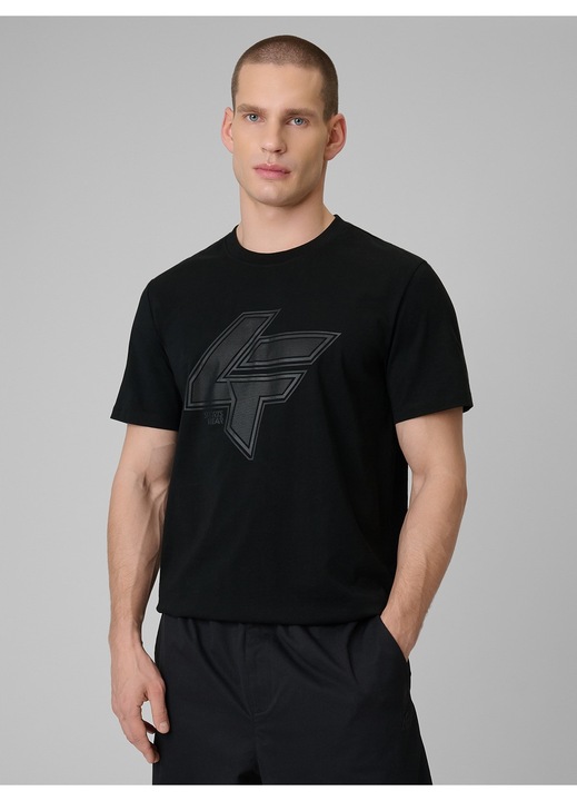 Férfi póló 4F, fekete, regular, mintás, pamut