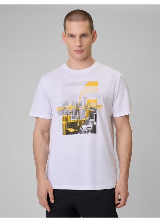 Férfi póló 4F fehér normál szabású, mintás, kényelmes, pamut