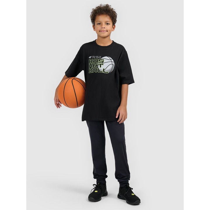 Детска тениска 4F, черна, памучна, свободна кройка, спортен принт