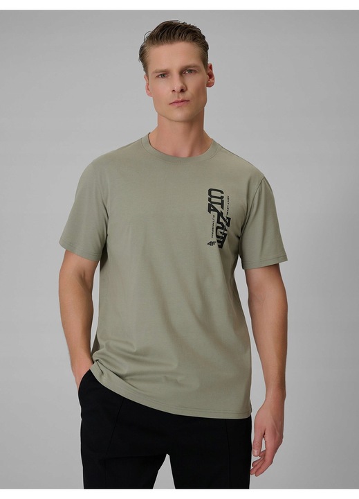 Férfi póló, 4F, khaki, pamut, nyomott mintás