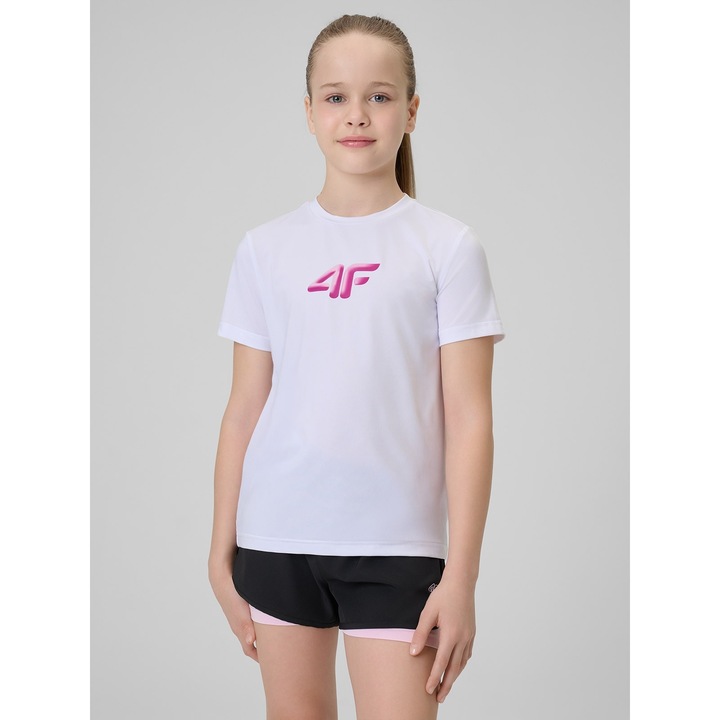 Детска спортна тениска, 4F, за момичета, бяла, технология 4F Dry
