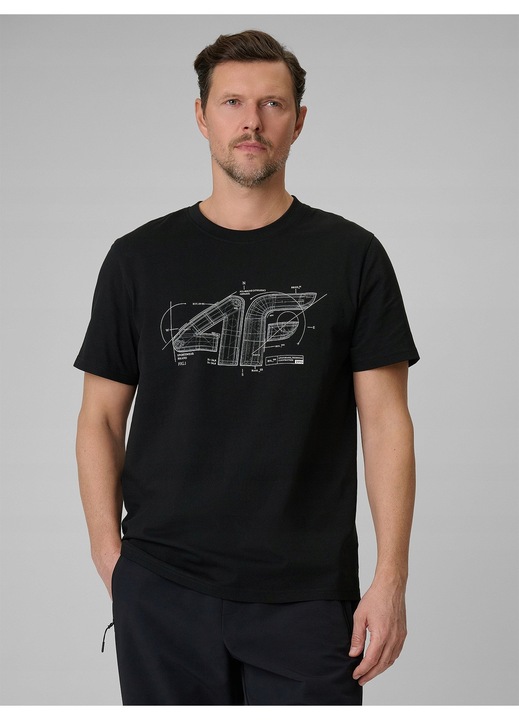 Férfi póló 4F fekete pamut, regular szabás, mintás