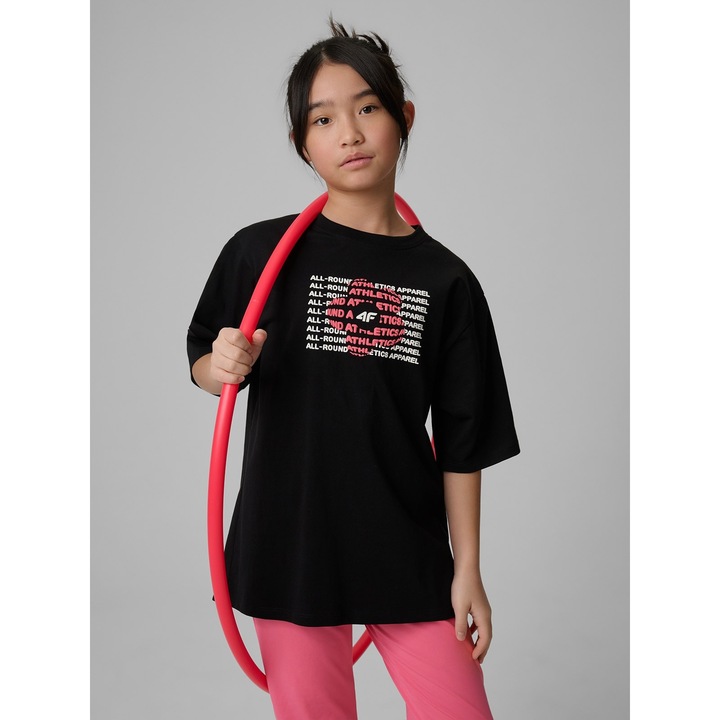 4F sport póló lányoknak, fekete, pamut, mintás, laza