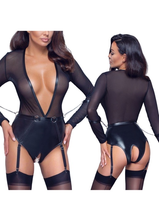 Body negru transparent XL, Cottelli Bondage, cu maneci lungi, material elastic, cu catuse