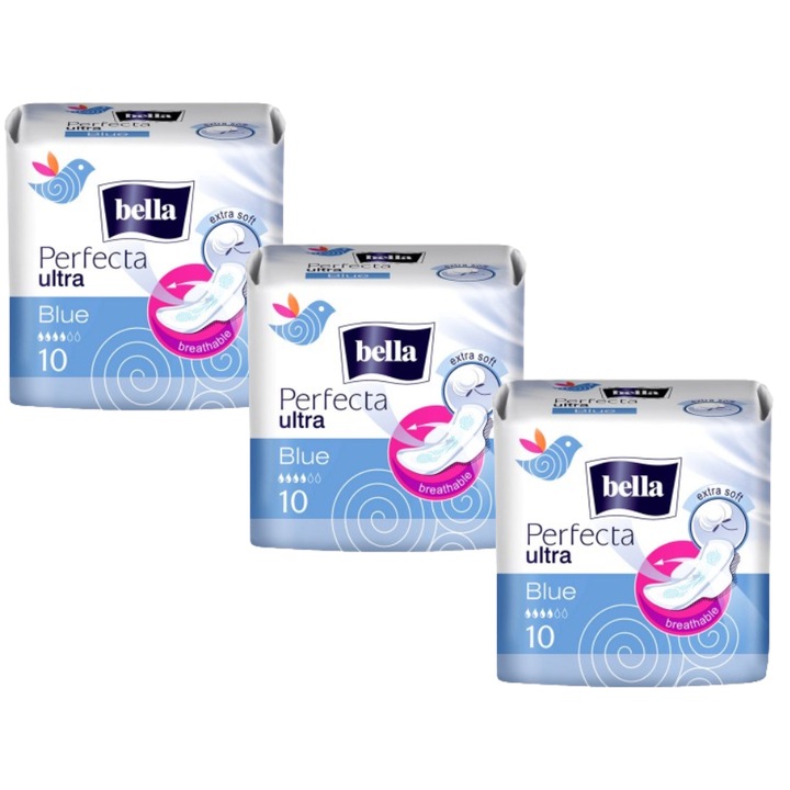 Set 3 pachete Absorbante Bella Perfecta Ultra Blue, 10 bucati/set, Lung cu aripioare, absorbtie ridicata, 4 picaturi, zi