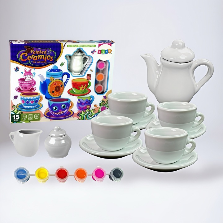 Set creativ pictura pe ceramica pentru copii, serviciu de ceai, 6 culori incluse, dimensiuni 30x23x9cm