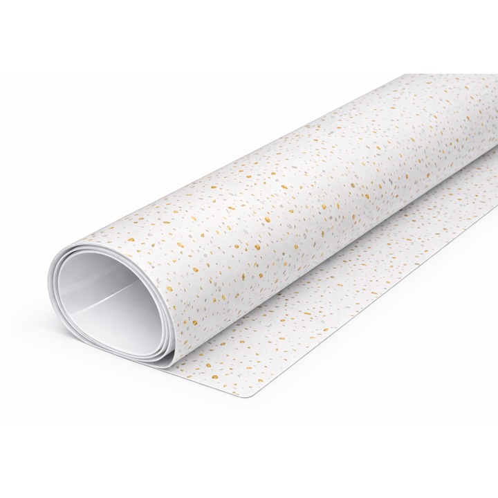 Folie protectie masa PVC siliconat transparent cu model terrazzo alb cu insertii aurii si argintii, 80 x 100 cm, 0, 6 mm, impermeabila, flexibila, usor de curatat