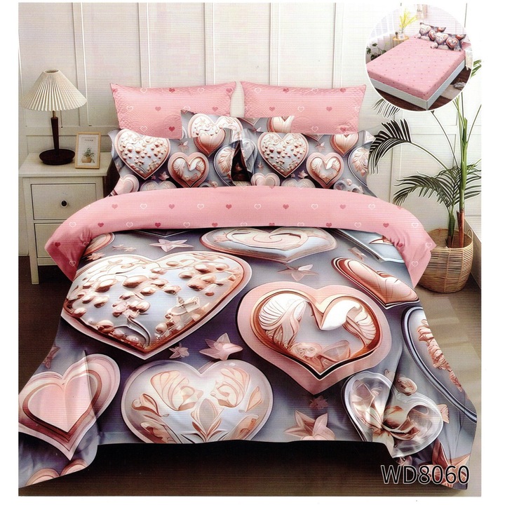 Lenjerie de Pat Finet Premium 5D, 4 Piese, Cearsaf cu Elastic, Imprimeu Inimi Roz - Lux si Confort