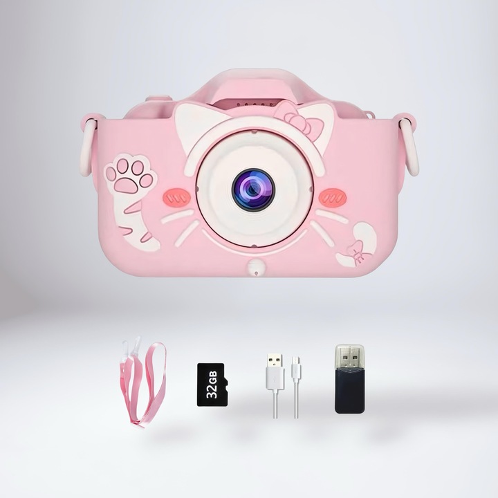 Camera foto digitala roz pentru copii, design jucaus, reincarcabila USB