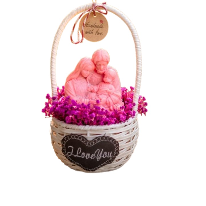 Аранжировка на цветя VICTINY® Букет от 100% натурални ароматни восъчни цветя от соя и сушени растения в бяла или натурална кошница модел 001