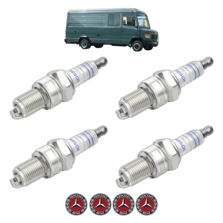 Set 4 Bujii Scanteie MERCEDES-BENZ T2/L Municipal Vehicle LF 409 G (309.050, 309.051, 309.052, 309.053, 309.054,... 90 CP din 1975 - 1982, bujie motor, Bosch, 4x Stickere auto cu MERCEDES-BENZ