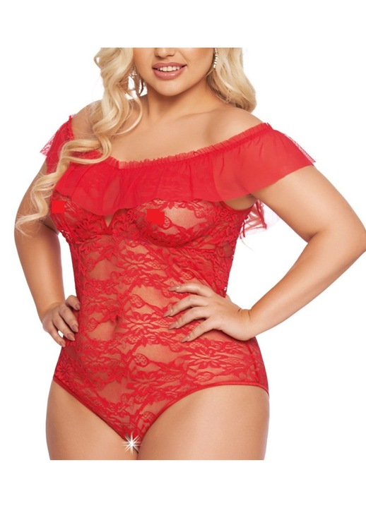 Body sexy din dantela SoftLine Collection Kamila, 2XL, cu volane, rosu
