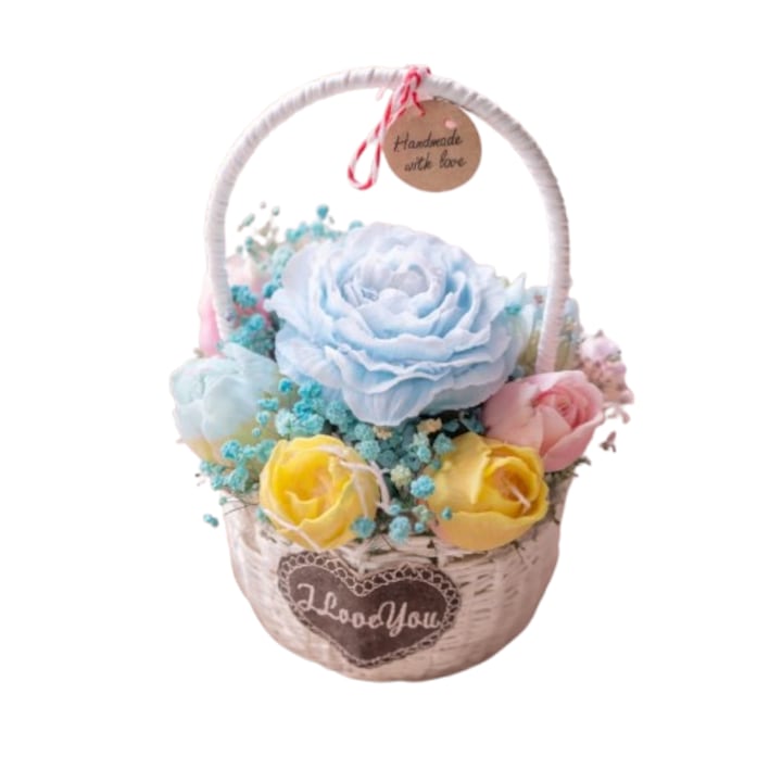 Цветна аранжировка VICTINY® Букет от 100% натурални ароматни восъчни цветя от соя и сушени растения в бяла или натурална кошница модел 002