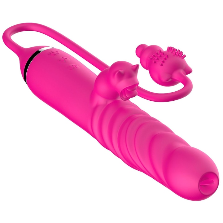 Vibrator Rabbit cu tripla stimulare si miscare de impingere, roz, 17,5cm, 3 viteze de impingere, 10 viteze de vibratie