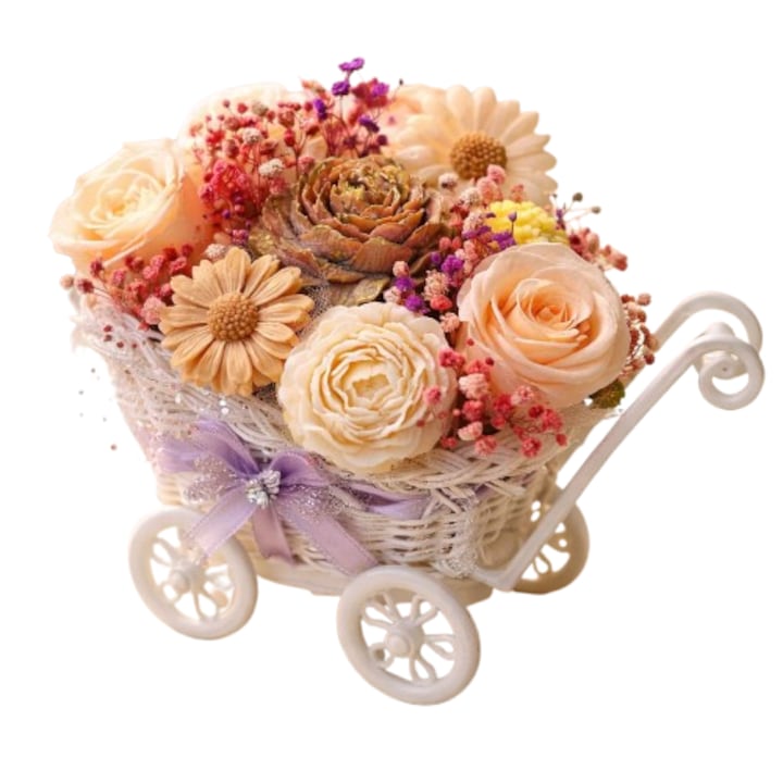 Цветна аранжировка VICTINY® Букет от 100% натурални ароматни цветя от соев восък и сушени растения в бяла или естествена кошница модел 005