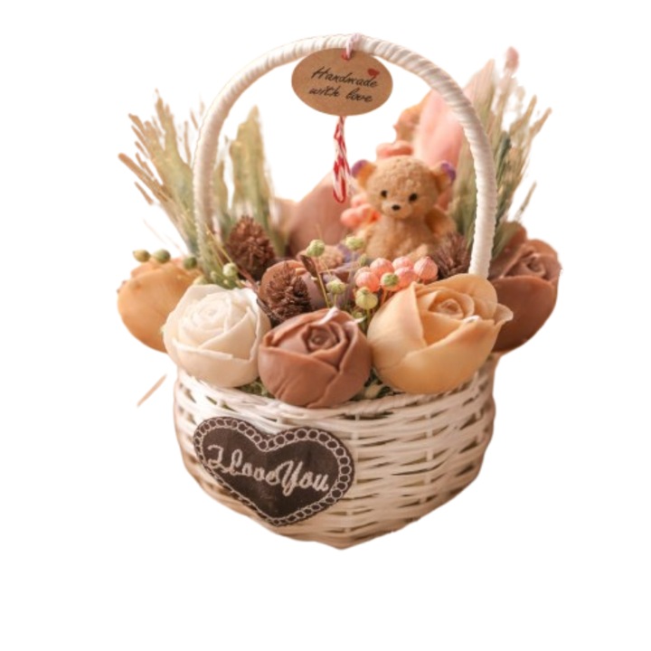 VICTINY® Аранжировка от цветя Букет от 100% натурални ароматни восъчни цветя от соя и сушени растения в бяла или натурална кошница модел 007