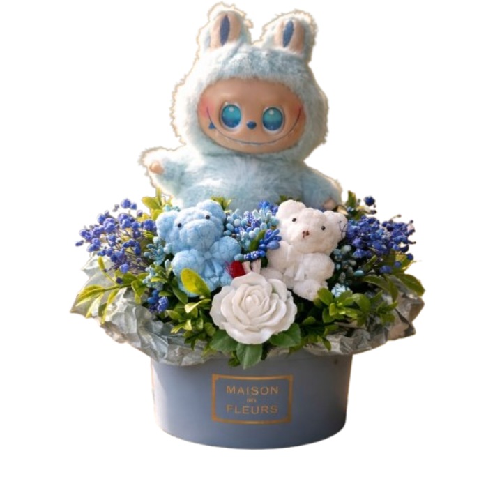 Aranjament floral VICTINY® Buchet din flori de ceara naturala 100% de soia parfumata si plante uscate in cos alb sau natur model 009