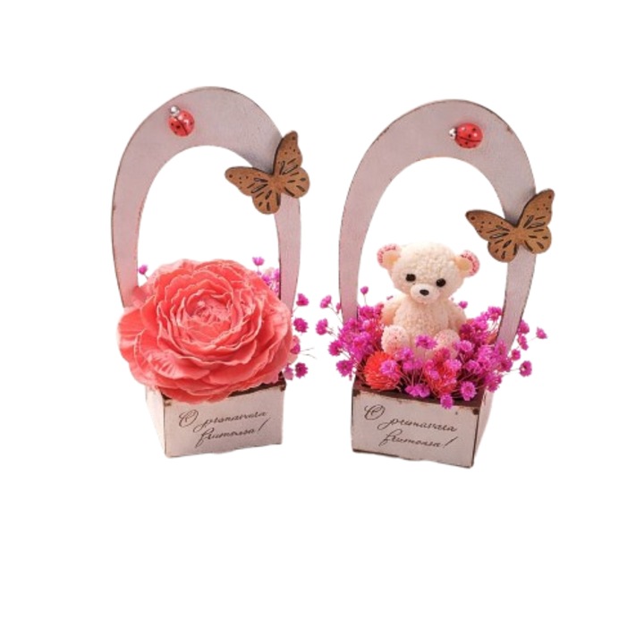 Set 2 Martisor floral VICTINY® cosulet cu flori de ceara naturala 100% de soia parfumata si plante uscate model 009