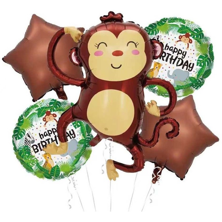 Jix fólia lufi csokor, 5 darabos készlet, Safari téma, majom lufi 85x89cm, kerek és csillag lufik 45cm