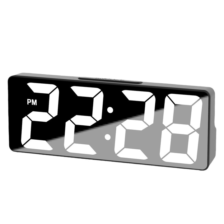 Ceas desteptator inteligent cu LED: Afiseaza ora, data si temperatura; doua alarme; doua niveluri de luminozitate; mod silentios; control vocal; functie de amanare; comutare format 12/24 de ore.158 mm x 25 mm x 59 mm. Carcasa alba; afisaj color