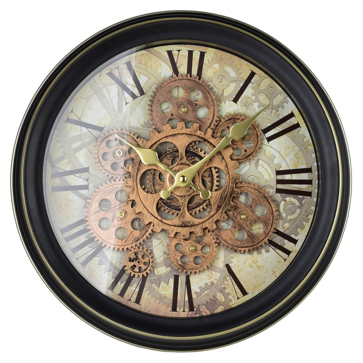 Ceas decorativ Mondex, 35cm, design modern, mecanism vizibil, culoare neagra, dimensiuni 35x35x7cm