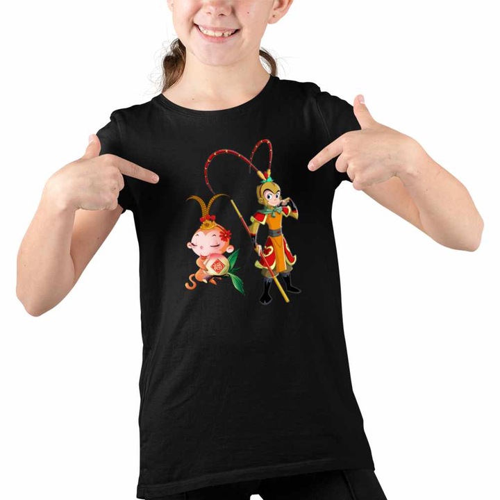Tricou Copii Fete Sun Wukong King Monkey Antic, Fekete