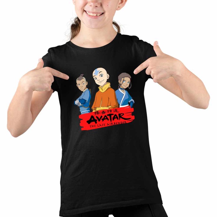 Tricou Copii Fete Avatar Legenda lui Aang Katara Sokka Airbender, Fekete