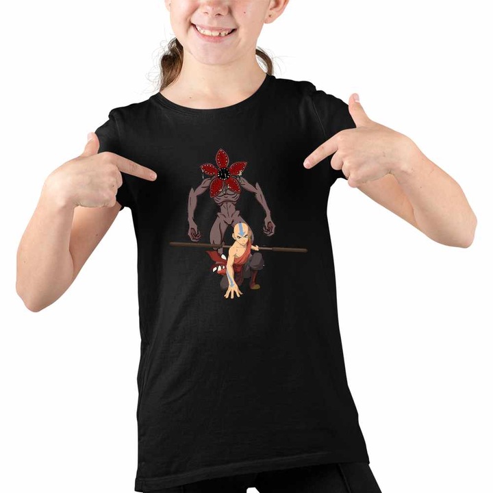 Tricou Copii Fete Avatar Stranger Things Demogorgon Upside Down, Fekete