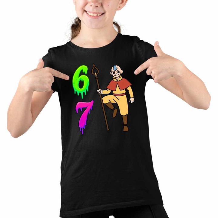 Tricou Copii Fete Avatar Six Seven Last Airbender 67 Calugar Shaolin, Fekete