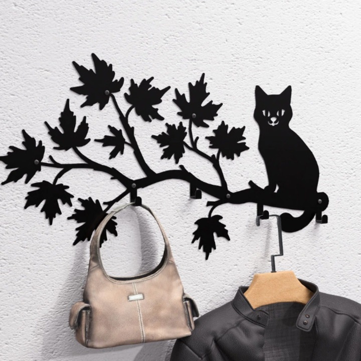 Cuier Metalic Decorativ "Pisica pe Ramura" - Otel Debitat Laser si Indoit Abkant