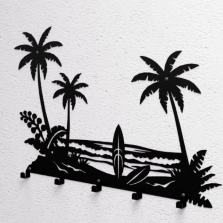 Cuier de perete metalic "Placi de Surf si Palmieri" - Design Profi Laser