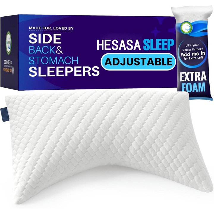 Perna Reglabila cu Contur Curbat HESASA, Spuma cu memorie, Design Ergonomic, Suport Gat Cap, Potrivita Dormit Pe O Parte Spate Burta, Inaltime Reglabila, Include Umplutura Suplimentara, Husa detasabila, Alb