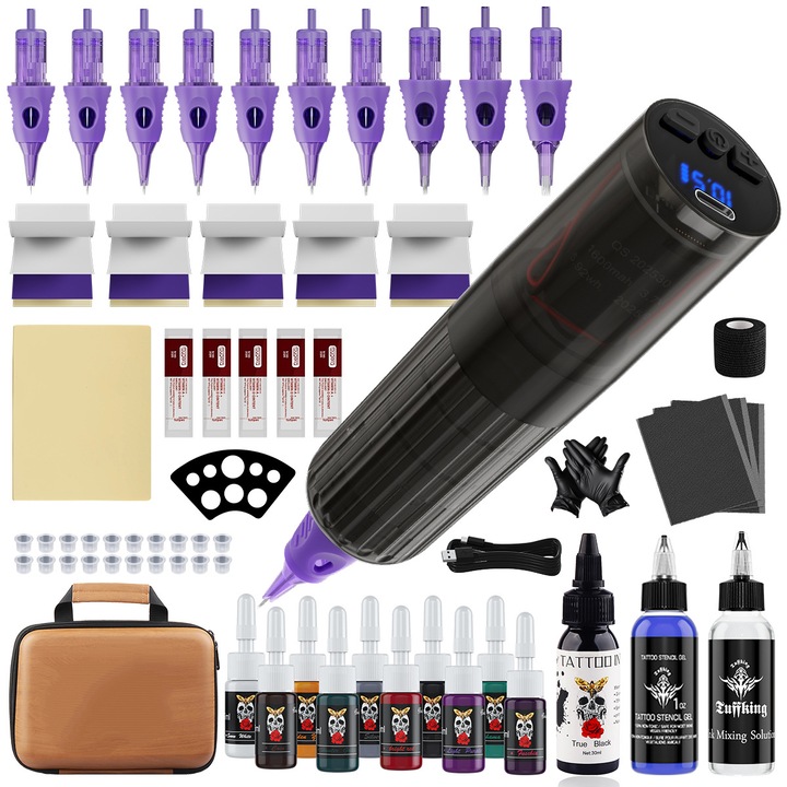 Комплект оборудване за татуировки, 1600mAh, 10 игли, 10 цветни мастила, черен, 160мм x 30мм
