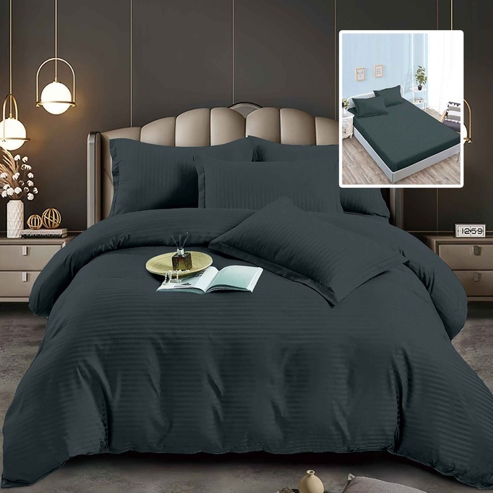 Lenjerie de pat damasc policoton Ralex Pucioasa, set 6 piese, multicolor, huse universale 160x200x24cm si 180x200x24cm