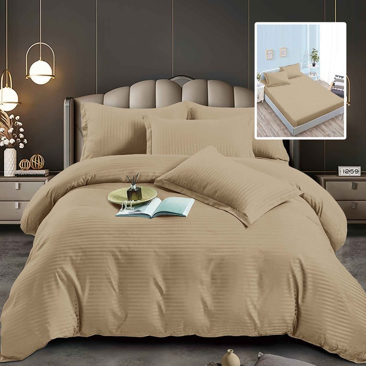 Lenjerie de pat damasc policoton Ralex Pucioasa, 6 piese, multicolor, husa universala 160x200x24cm si 180x200x24cm, cearsaf pilota 200x230cm, 4 fete de perna