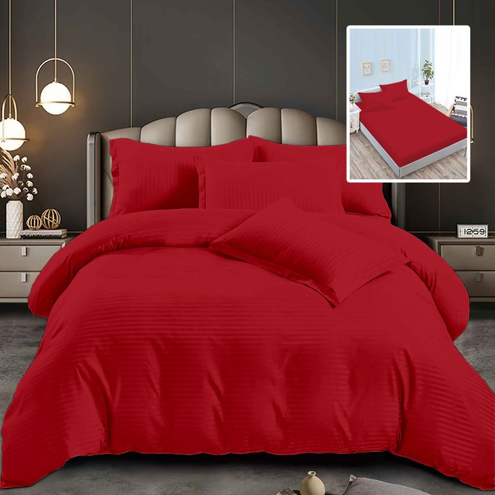 Lenjerie de pat damasc-policotun 6 piese, Ralex Pucioasa, multicolor, husa universala 160x200x24cm si 180x200x24cm, cearsaf 200x230cm, 4 fete de perna