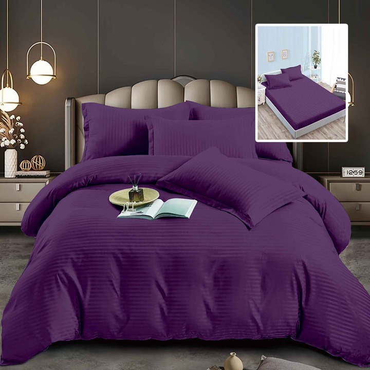 Lenjerie de pat damasc policoton Ralex Pucioasa set 6 piese, multicolor, include husa pentru saltea 160x200x24cm și 180x200x24cm