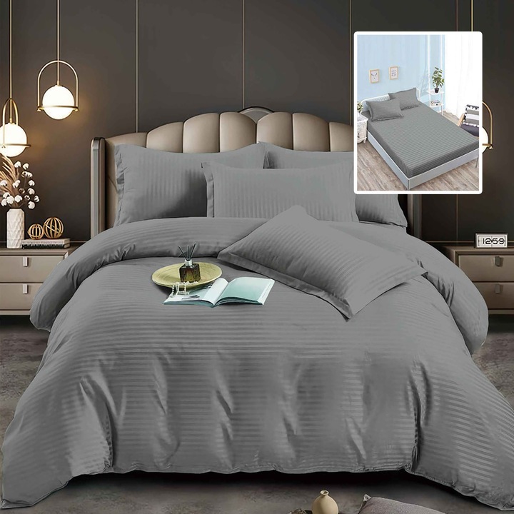 Lenjerie de pat damasc Ralex Pucioasa, 6 piese, policoton, multicolor, husa saltea 160x200x24cm, 180x200x24cm, cearsaf 200x230cm, fata perna 70x70cm (2 buc), fata perna 50x70cm (2 buc)