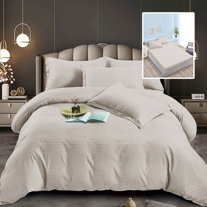 Lenjerie de pat damasc Policoton Ralex Pucioasa set 6 piese, 160x200x24cm și 180x200x24cm, multicolor