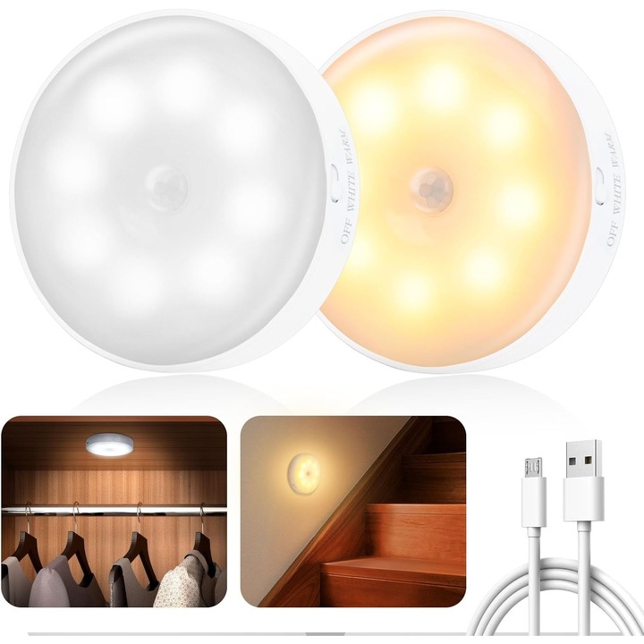 Veioza cu senzor de miscare, 2 bucati, 3 moduri de iluminare, 3000K/6000K, dimensiuni compacte