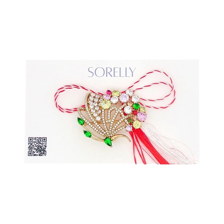 Brosă SORELLY placată cu aur 14k, buchet de flori, zirconia colorată, 3.5cm