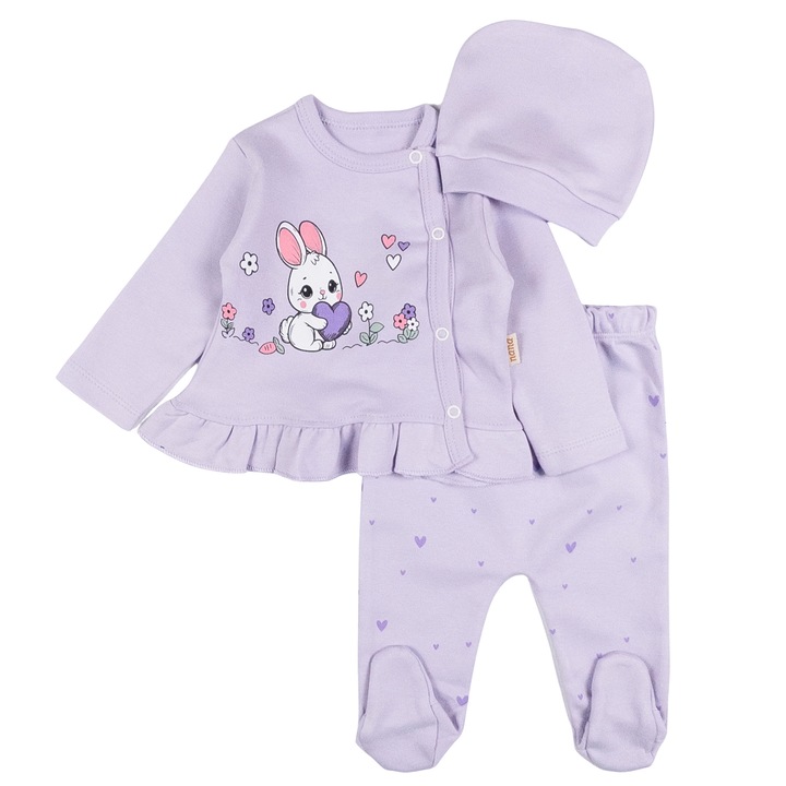 Set pentru nou-nascuti – 3 piese, model Iepuras, Lila, 62 CM